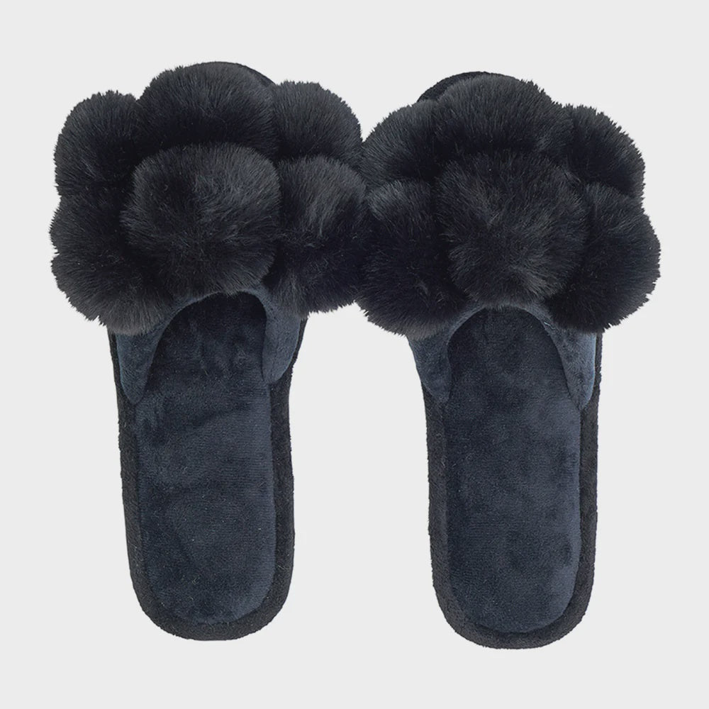 COSY LUXE POM POM SLIPPER - BLACK