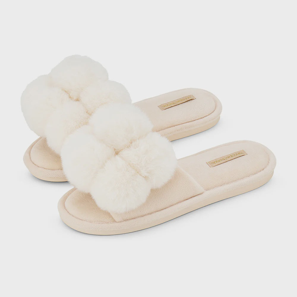 SLIPPER COSY LUXE POM POM - IVORY LGE