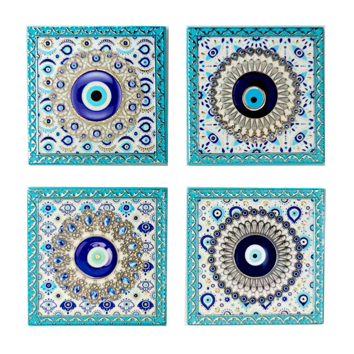 CORFU AQUA BLUE SQUARE COASTER SET4