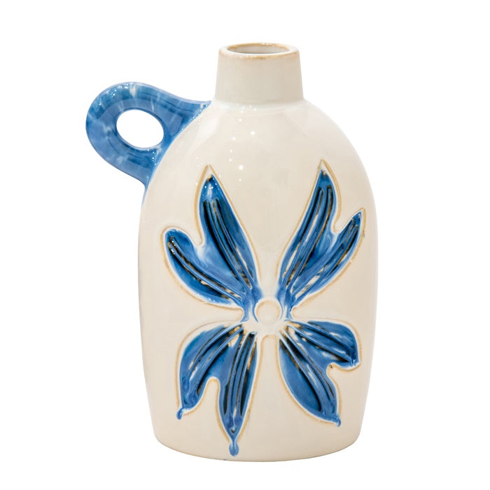NUMA CERAMIC BLUE FLOWER VASE W/HANDLE